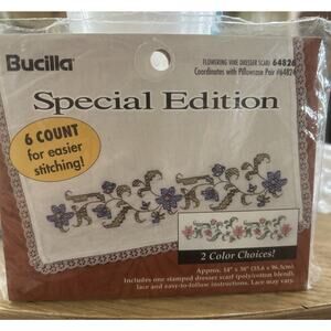 VTG 1999 Bucilla Flowering Vine Cross Dresser Scarf Cross Stitch #64826 White